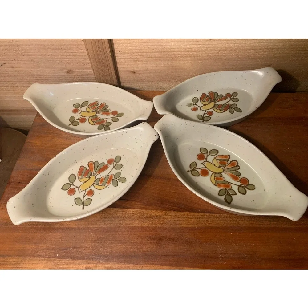 VTG Otagiri Japan Au Gratin Casserole Dish Speckled Stoneware Set 4 Bird Berries